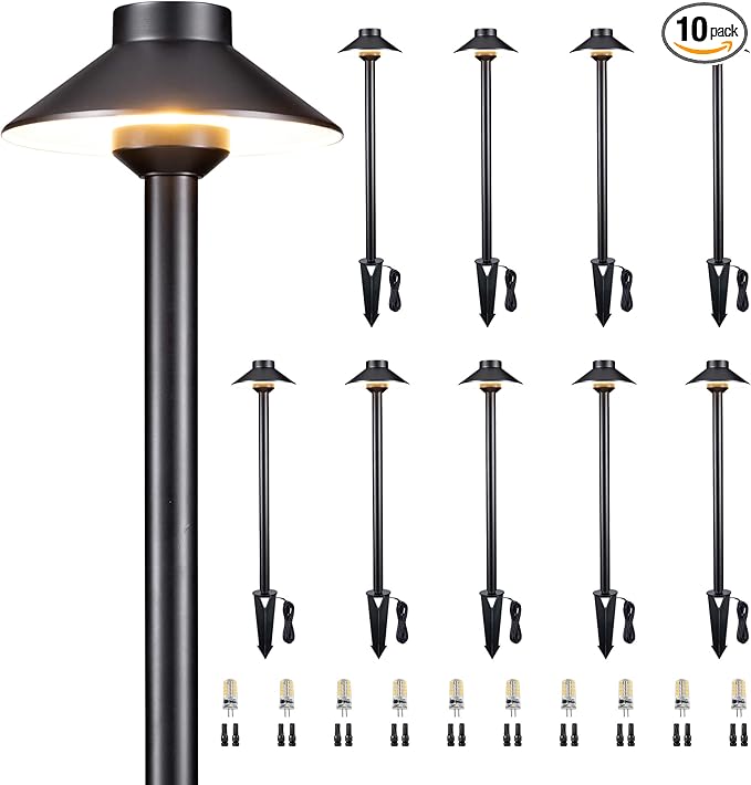 Gardenreet Brass Landscape Path Lights - 12V Low Voltage Pathway Light IP65 Waterproof, Outdoor Walkway Lighting Wired, Hat Black for Patio Lawn with 3W 4000K Neutral White G4 Bulb (10 Pack)