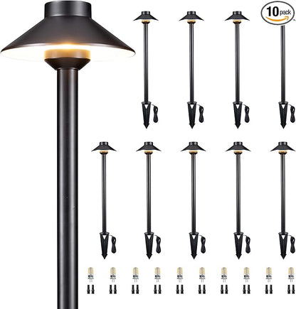 Gardenreet Brass Landscape Path Lights - 12V Low Voltage Pathway Light IP65 Waterproof, Outdoor Walkway Lighting Wired, Hat Black for Patio Lawn with 3W 4000K Neutral White G4 Bulb (10 Pack)