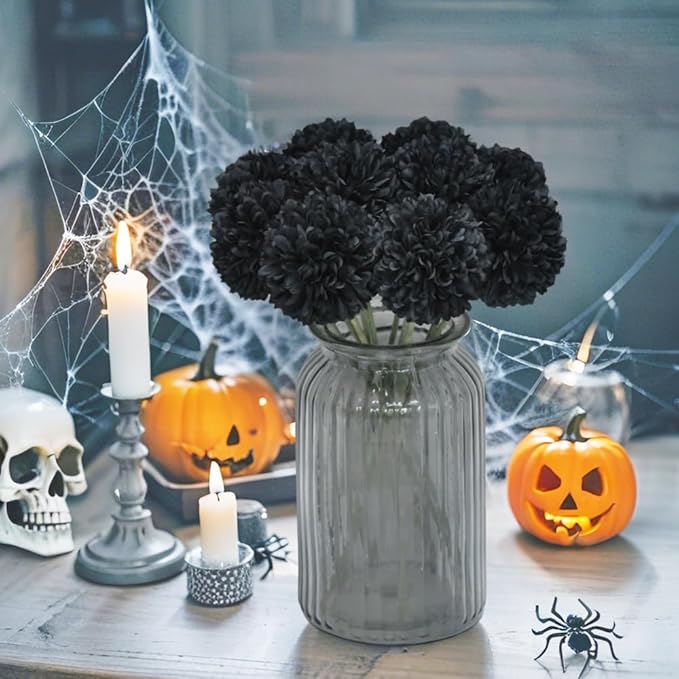 Artificial Flowers Chrysanthemum Ball Flowers Bouquet 10pcs Halloween Fall Harvest Festival Decoration Glorious Moral for Home Office Coffee House Parties and Wedding (Black)