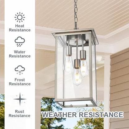 TODOLUZ 3-Lights Outdoor Pendant Light, Modern Brushed Nickel Outdoor Chandelier with Clear Glass, Adjustable Ceiling Mount Porch Light for Entryway Patio