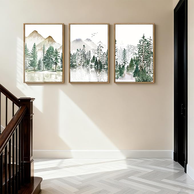ANHUIB Large Framed Mountain Wall Art Watercolor Forest Landscape Painting Green Nature Prints Art Rustic Wall Decor Set of 3 for Living Room Bedroom Office 16x24 Inch