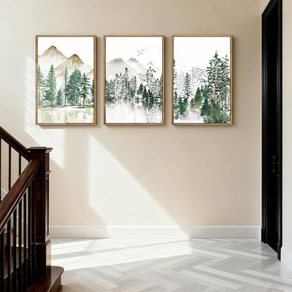ANHUIB Large Framed Mountain Wall Art Watercolor Forest Landscape Painting Green Nature Prints Art Rustic Wall Decor Set of 3 for Living Room Bedroom Office 16x24 Inch