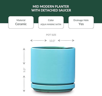 PLANTATOREM Ceramic 10 Inch Mid Modern Planter Pot with Drainage Hole and Saucer, Indoor Cylinder Round Flower Pot, Perfect for Planting Succulents, Herbs, Flowers, House Plants, Aqua Marine Satin