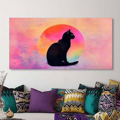 Black Cat Wall Art - Pink & Purple Sunset Landscape Painting with Silhouette Cat, Cute Retro Cartoon Cat Poster Painting Abstract Animal Wall Décor for Living Room Kid's Girls Bedroom Nursery Ready to Hang (20x40 Inches)