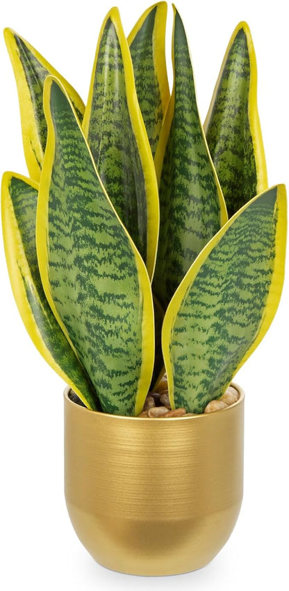 Hollyone Artificial Snake Plant Potted Faux Sansevieria Trifasciata Plants, 13" Tropical Fake Snake Plants in Gold Stainless Steel Metal Pots for Home Office Room Indoor Decor Housewarming Gifts