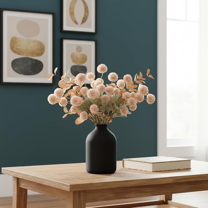 Beige Fake Flowers Silk 10 Mum Stems Eucalyptus Arrangement, Faux Flowers For Vase, Artificial Mums, Mini Floral Long Stem, Tan Nude Cream Neutral Floral, Chrysanthemum Pom Pom Floral Arrangement