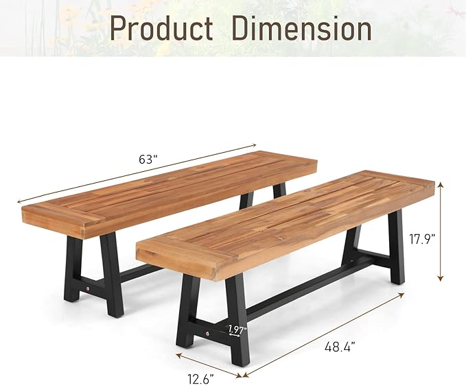 MFSTUDIO Outdoor Garden Bench Set of 2, 63" Acacia Wood Patio Dining Bench, Wooden Park Front Porch Benches for Backyard Outside, 2 Pack, Teak