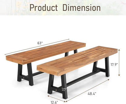 MFSTUDIO Outdoor Garden Bench Set of 2, 63" Acacia Wood Patio Dining Bench, Wooden Park Front Porch Benches for Backyard Outside, 2 Pack, Teak