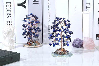 Lapis Lazuli Healing Crystal Tree of Life Natural Gemstone Agate Slice Base Copper Wire Wrapped Money Trees Feng Shui Spiritual Energy Decorations Home Office Room Desk Decor Gifts for Women Men