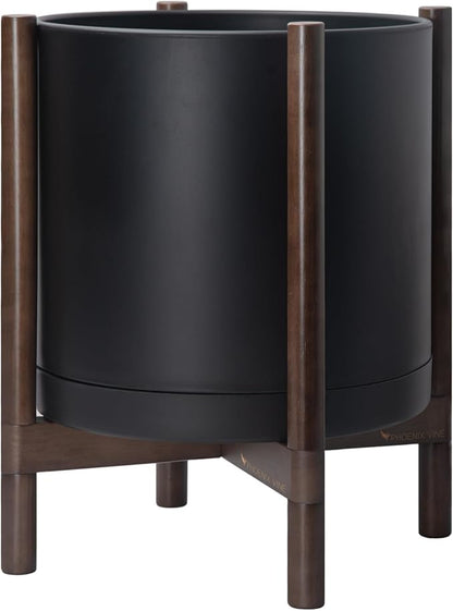 D'vine Dev Planter Pot with Stand - 16 Inch Plastic Cylinder Flower Pot with Wood Planter Holder for Indoor, Matte Black Pot + Walnut Color Stand, 55-C-X-2