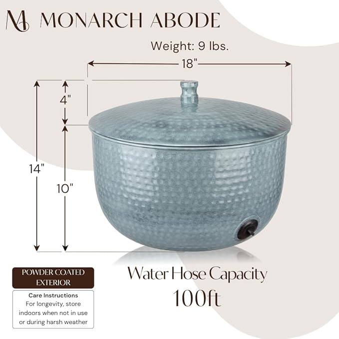 Monarch Abode Garden Hose Holder with Lid – Decorative Water Hose Holders for Outside, Hand Hammered Metal Patina Pot with Drainage, 100ft Waterhose Holder for Outside, Garden Storage Caddy