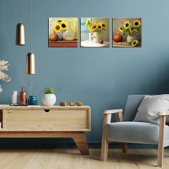 Sunflower Kitchen Wall Decor, SZ HD Still Life Oil Painting Canvas Art Prints of Bright Blooming Floral Illustration (Set of 3, Waterproof Artwork, 1" Thick Frame, Bracket Mounted Ready to Hang)