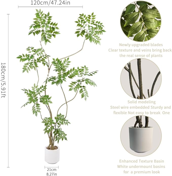 Artificial Sumac Tree,6ft（1pack） Tall Fake Plants Artificial Mahonia fortunei Plants for Indoor, Fake Trees for Office Home Living Room Floor Patio Greening Porch Decor