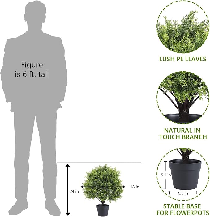 2ft Artificial Cedar Topiary Ball Trees Outdoor, 24" UV Resistant Faux Potted Plants Outside, Realistic Fake Greenery Evergreen Pine Cypress Bushes Shrubs for Front Porch Planter Indoor Decor Set of 2