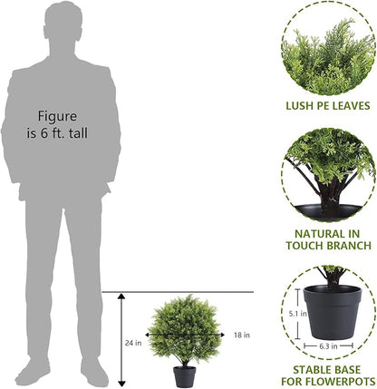 2ft Artificial Cedar Topiary Ball Trees Outdoor, 24" UV Resistant Faux Potted Plants Outside, Realistic Fake Greenery Evergreen Pine Cypress Bushes Shrubs for Front Porch Planter Indoor Decor Set of 2