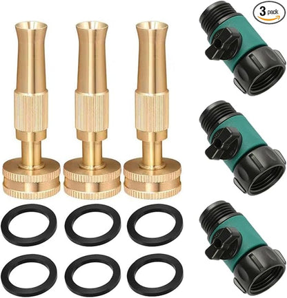 Garden Hose Sprayer Nozzle Adjustable Brass Hose Nozzle Heavy Duty Water Hose Spray Gun Nozzle with 3/4”GHT Thread On/Off Hose Shut Off Valve,for Watering Plants,Cleaning,Pets Shower 3 Pack