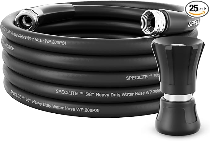 SPECILITE 5/8" Hot/Cold Water Hose 25 ft with High Flow Nozzle,Heavy Duty Flexible Rubber Garden Hose -50℉ to 158℉ With 3/4" Stainless Steel Fittings for Yard, Outdoor, Farm, Lightweight, Black