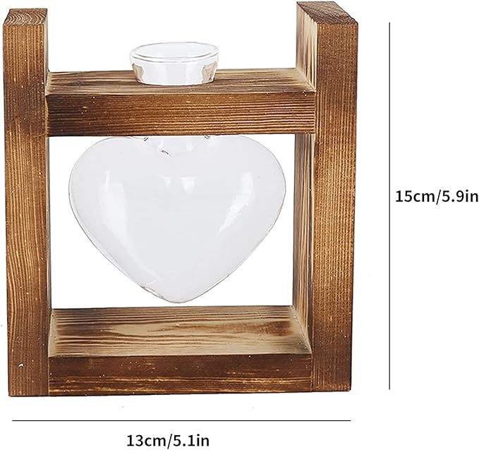 Zerodis Plant Terrarium with Wooden Stand,Heart Shaped Transparent Glass Vase Flower Pot Hydroponics Plant Propagation Station for Hydroponics Plants Home Office Decor (Retro Box + 1