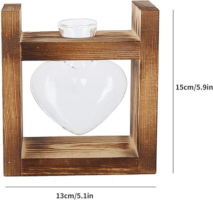 Zerodis Plant Terrarium with Wooden Stand,Heart Shaped Transparent Glass Vase Flower Pot Hydroponics Plant Propagation Station for Hydroponics Plants Home Office Decor (Retro Box + 1