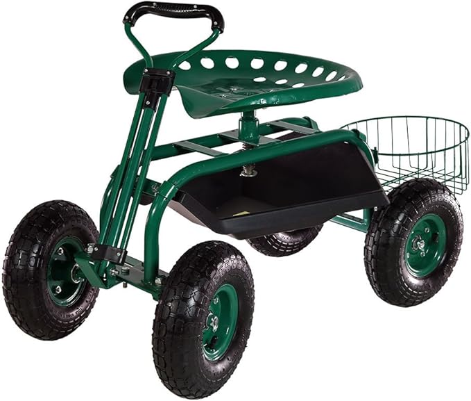 Sunnydaze Garden Cart with Wheels - Garden Stool on Wheels - Rolling Gardening Seat with Extendable Handle - Swivel Seat - Green