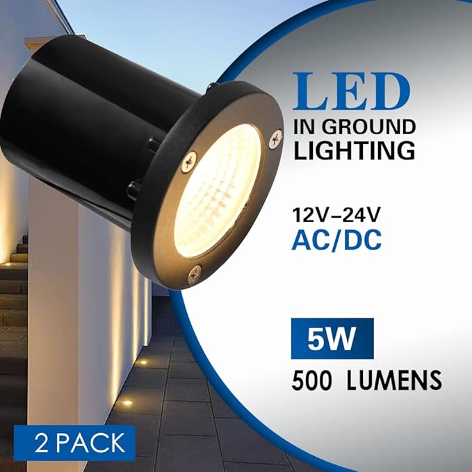 EAGLOD 5W Landscape Well Light,12-24V In-Ground Low Voltage Landscape Lights with Connectors, IP67 Waterproof Landscape Lighting,3000K Paver Lights for Yard, Garden, Patio (2 Pack)
