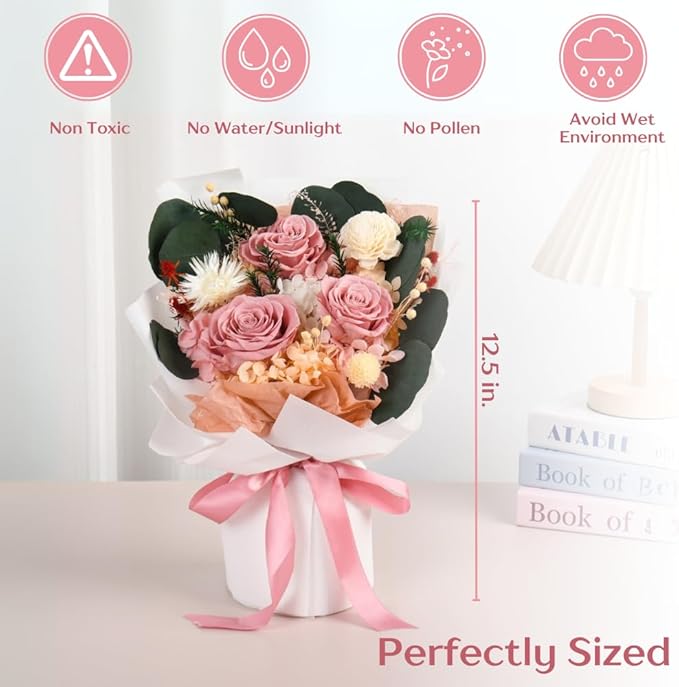 Forever Flowers Bouquet, Preserved Long-Lasting Pastel Pink Roses, Vase-Ready Arrangement for Birthday, Anniversary, Graduation, Valentine’s Day, Mother’s Day Gifts for Women
