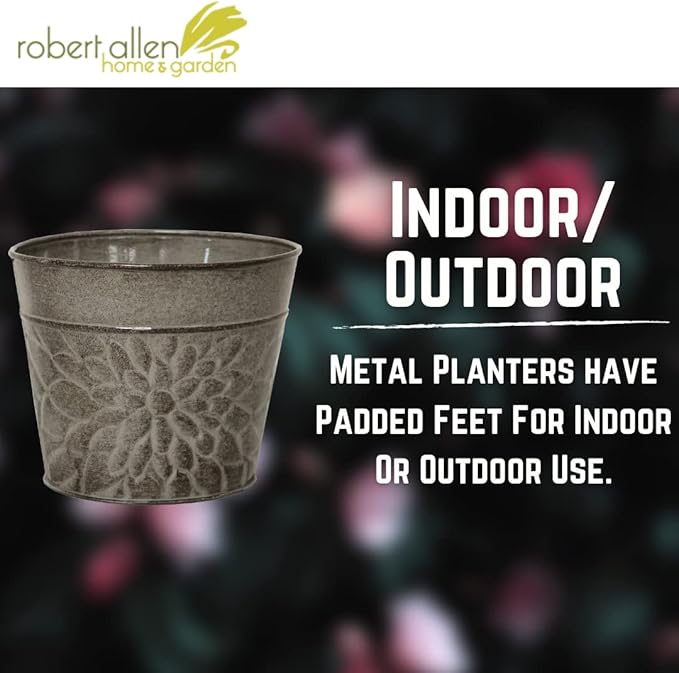 Robert Allen MPT02009 Laurel Series Metal Planter Flower Pots, 8", Greige