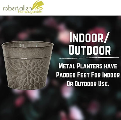 Robert Allen MPT02009 Laurel Series Metal Planter Flower Pots, 8", Greige