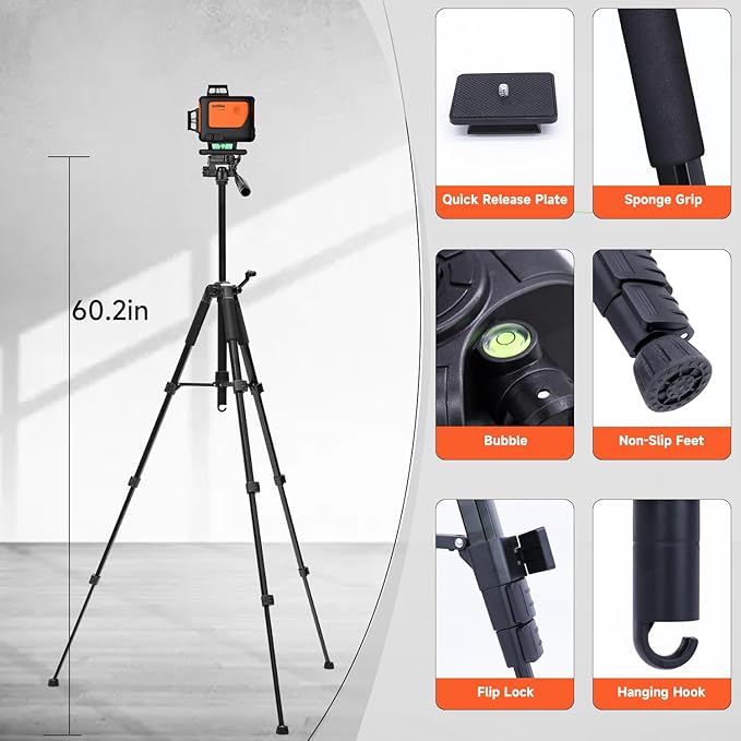 4D Laser Level with Tripod : Dual Batteries Laser Level 360 Self Leveling Green Hard Toolbox for Construction Floor Tiling Ceiling, Class Ⅱ, Y4-360G-KIT