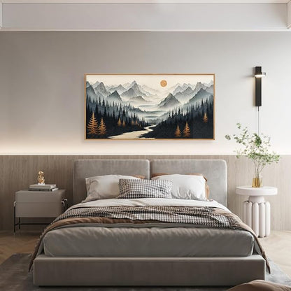 Ausril Watercolor Misty Forest Framed Canvas Wall Art Set, Foggy Mountain Wall Decor, Misty Pine Tree Wall Painting, Large Nature Landscape Art Prints for Living Room, Bedroom, Office - 20"X40"
