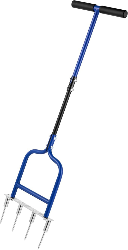 Spike Tine Fork Lawn Aerator - Four 5.2'' Stainless Steel Spikes Manual Gardening Hand Tool - Grass Dethatcher Aerator Lawn Tool with Solid Tines for Compacted Soil - Lawn Plugger Aerator.