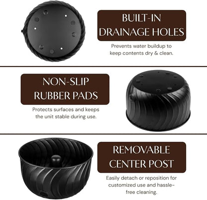 Monarch Abode Garden Hose Holder with Lid – Decorative Water Hose Holders for Outside, Wave Embossed Metal Matte Black Pot with Drainage, 100ft Waterhose Holder for Outside, Garden Storage Caddy