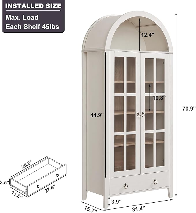 71" Tall Arched Cabinet, Modern Farmhouse Wooden Display Cabinet with Drawer and Glass Doors, 6 Tier Bookshelf w/Adjustable Shelves for Living Room, Office, Antique White