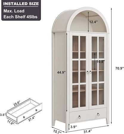 71" Tall Arched Cabinet, Modern Farmhouse Wooden Display Cabinet with Drawer and Glass Doors, 6 Tier Bookshelf w/Adjustable Shelves for Living Room, Office, Antique White