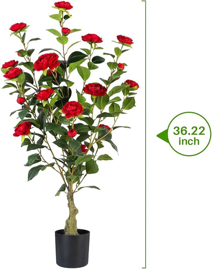 Artificial Camellia Tree 2 Pack, 3FT Faux Camellia Plant in Pot, 36 inch Fake Potted Camellia Flower Tree Plastic Camellia Tree for Modern Home Office Christmas Living Room Floor Decor Indoor, Red