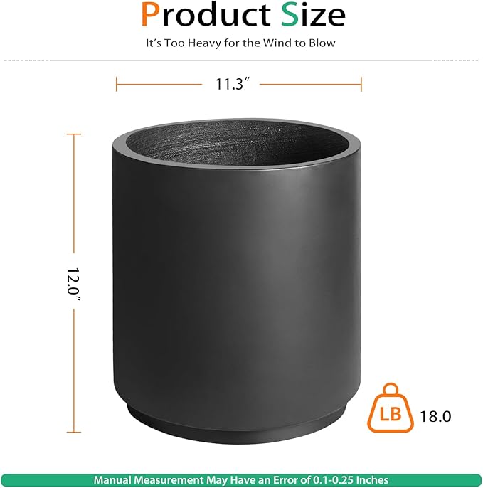 Round Concrete Planter Outdoor Indoor, Large Cement Plant Pots for Flowers (Black, 12 inch)