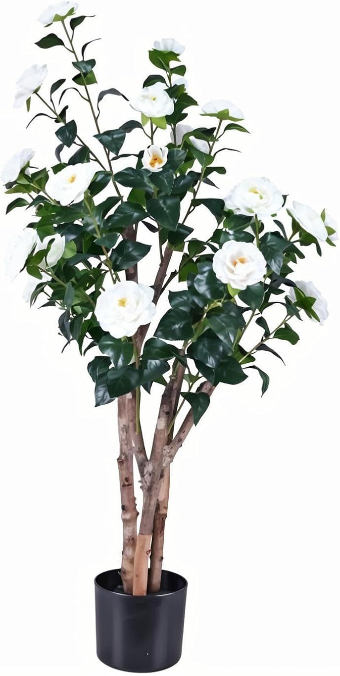 4ft Decorative Artificial Camellia Tree with White Flowers, Potted Faux Floral Plant, Realistic Blooming Fake Plants for Indoor Outdoor Home Front Door Planter Decor
