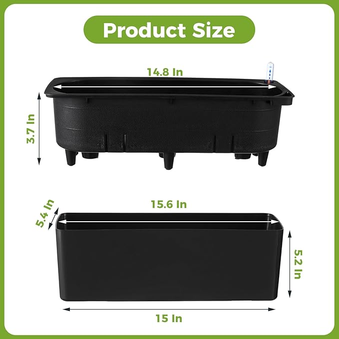2 Pack Rectangular Self Watering Planter 15.6 x 5.4 in Window Sill Planters Indoor Rectangle Planter Self Watering Pots Plastic Plant pots with Drainage Holes Black Flower Pot (Black)