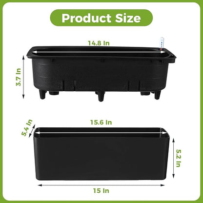 2 Pack Rectangular Self Watering Planter 15.6 x 5.4 in Window Sill Planters Indoor Rectangle Planter Self Watering Pots Plastic Plant pots with Drainage Holes Black Flower Pot (Black)