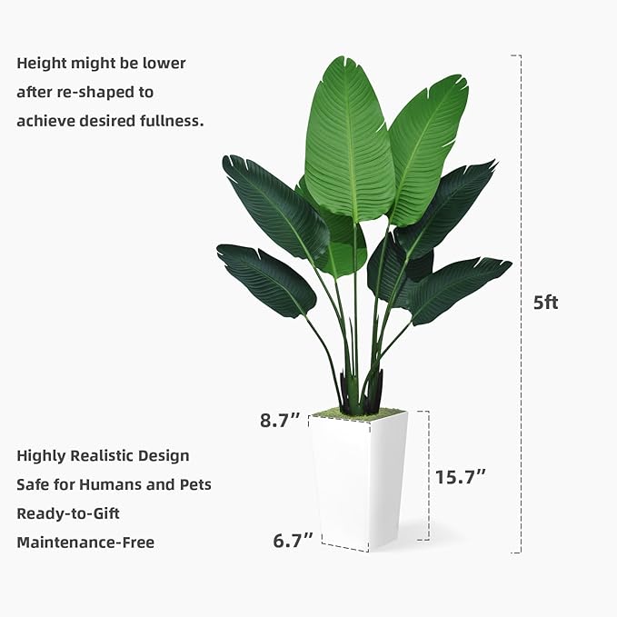Bird of Paradise Artificial Plant 5FT - Faux Tropical Palm Tree with Black Tall Planter - Fake Floor Plant in Pot - Artificial Silk Tree for Home Office Living Room Decor Indoor