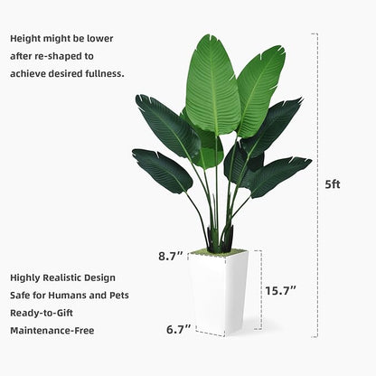 Bird of Paradise Artificial Plant 5FT - Faux Tropical Palm Tree with Black Tall Planter - Fake Floor Plant in Pot - Artificial Silk Tree for Home Office Living Room Decor Indoor