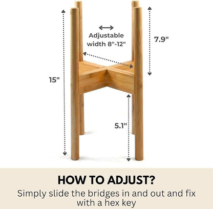 Fox & Fern Adjustable Plant Stand Indoor — 8 to 12 Inch Premium Mid Century Bamboo Plant Stand with Adjustable Width; Plug In Design; Easy to Assemble; Two Heights - For 8, 9, 10, 11 & 12 Inch Pots