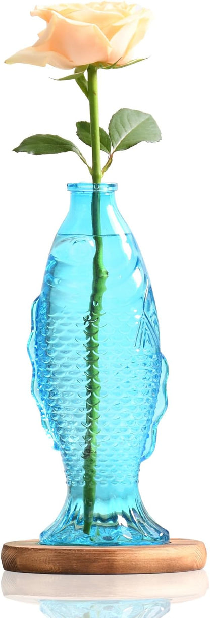 Nacome Fish Vase Propagation Stations: Glass Plant Terrarium with Wooden Stand for Home Office Desk Decor, Unique Gifts for Plant Lovers Women Mom (Blue)