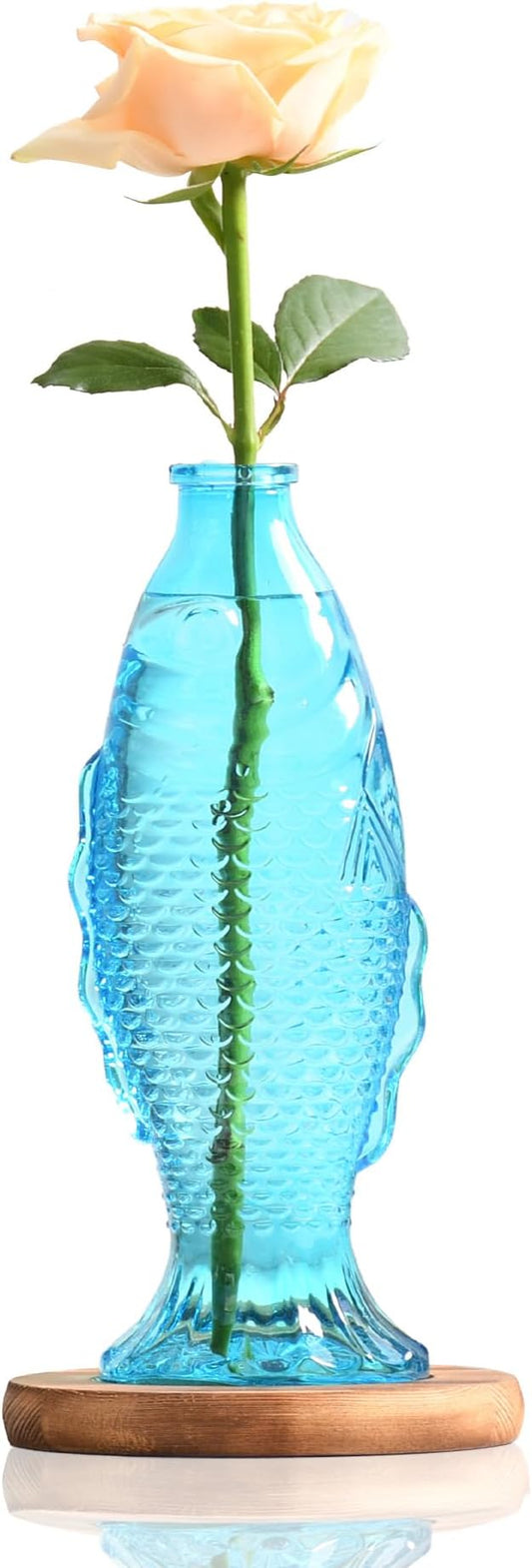 Nacome Fish Vase Propagation Stations: Glass Plant Terrarium with Wooden Stand for Home Office Desk Decor, Unique Gifts for Plant Lovers Women Mom (Blue)