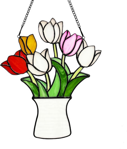 Tulip Stained Glass Window Hangings Flower Suncatcher Ornament, Handmade Tiffany Style Stained Glass Flower Decor Gifts for Women Mom Teacher,Wedding Birthday Christmas Celebration Gifts