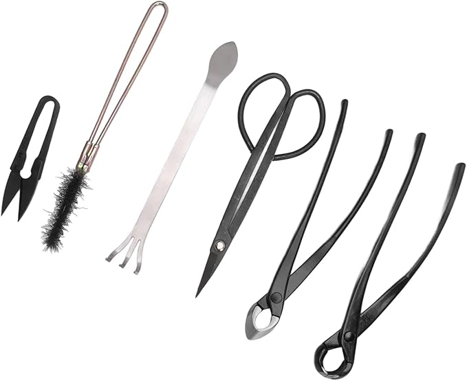 6pcs Succulent Plants Tools, Stainless Steel Bonsai Tool Set, Durable Gardening Hand Tools with Storage Bag for Home Garden Yard, Carbon Steel Leaf Bud Scissors Rake Pliers Brush