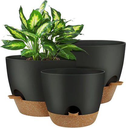 UUBEMM Self Watering Planters with Drainage Holes, Set of 3 Plastic Plant Pots with Deep Reservoir for Indoor Outdoor Garden Flowers Plants,10+9+8 Inch (Black)