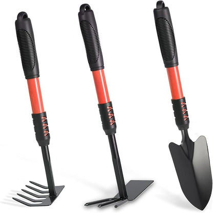 Garden Tool Set, 3 Pack Gardening Tools, Stainless Steel Heavy Duty Hand Cultivator, Hoes, Shovel, for Planting Weeding Digging, Orange