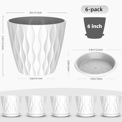 6 Pack 6 Inch Indoor Plant Pots with Drainage Holes, Outdoor Plastic Decorative Flower Pots, Garden Planters with Tray Saucers for Orchids, Violets, Succulents, Herbs, and Other Plants