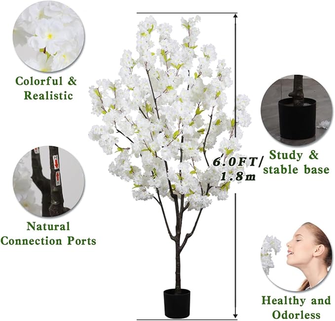 Indoor Cherry Blossoms Tree White Artificial Cherry Blossom Tree 6FT Faux Bedroom Trees for Home Christmas New Year Decor